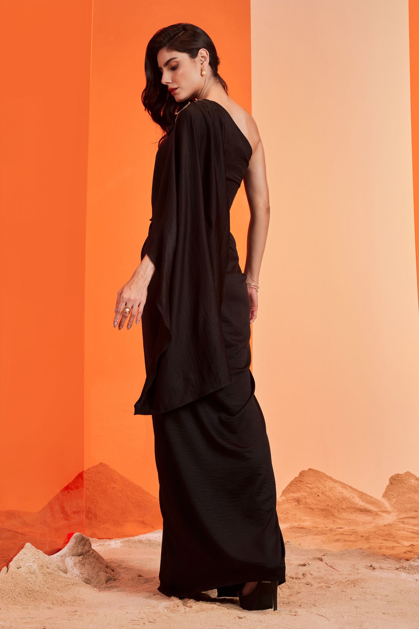 shantanu and nikhil One Shoulder Black Saree Gown western indian designer wear online shopping melange singapore