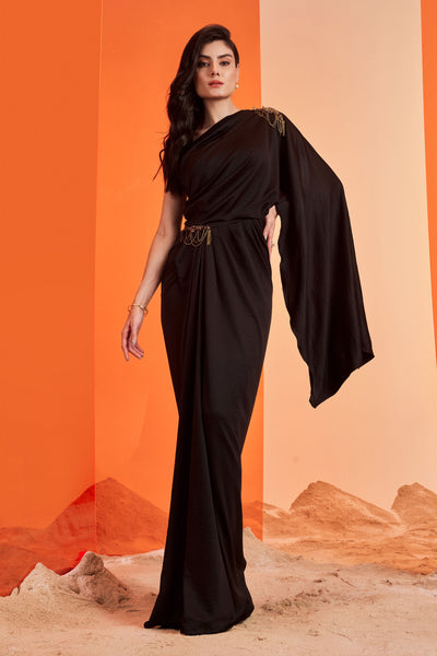 shantanu and nikhil One Shoulder Black Saree Gown western indian designer wear online shopping melange singapore