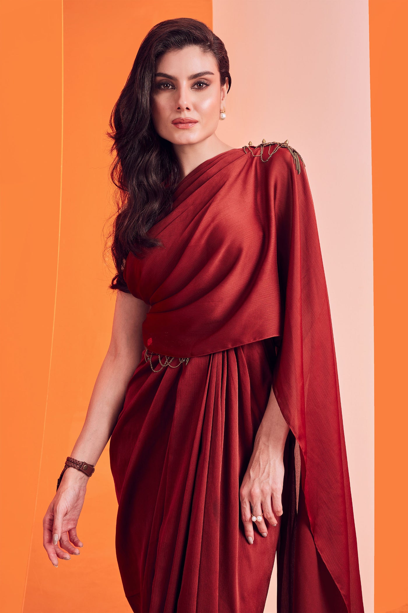 shantanu and nikhil One Shoulder Rust Saree Gown western indian designer wear online shopping melange singapore