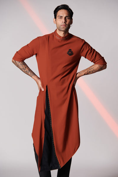 Shantanu & Nikhil Rust Asymmetrical Kurta with 3D Crest indian menswear designer fashion online shopping melange singapore