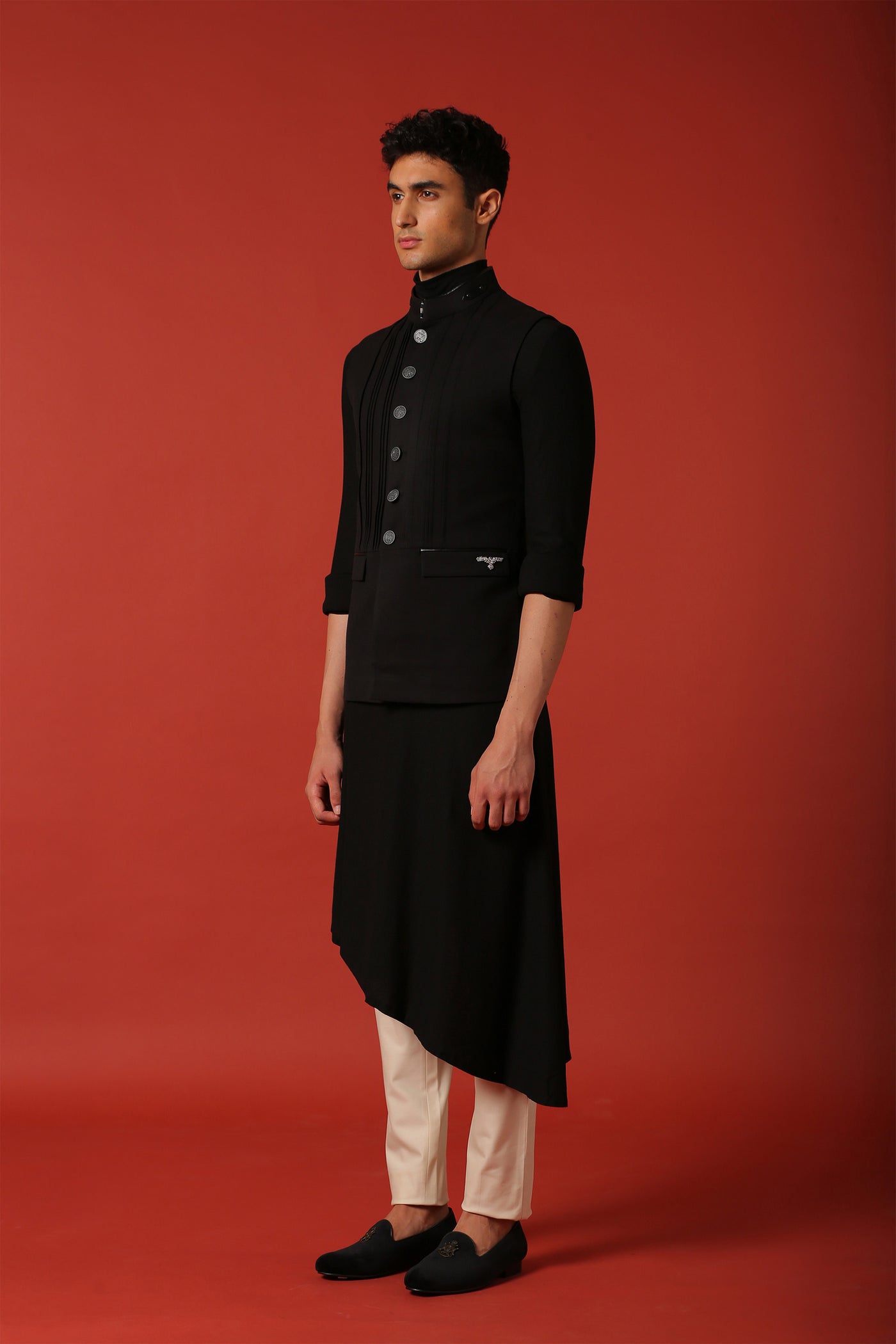 shantanu and nikhil menswear mens Air Commodore Pleated Waistcoat black online shopping melange singapore indian designer wear