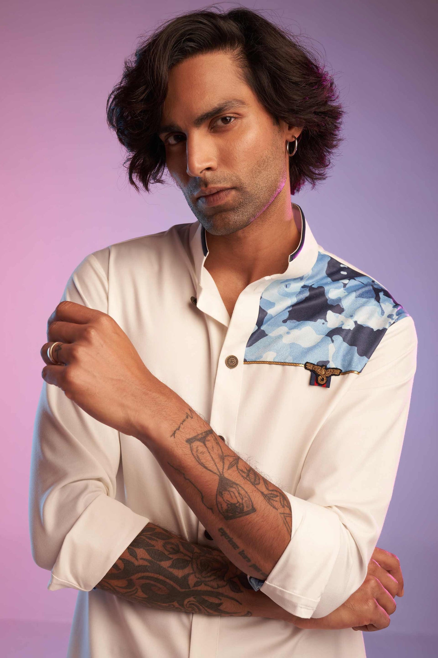 shantanu and nikhil menswear mens Aqua Camo Panel Kurta off white online shopping melange singapore indian designer wear