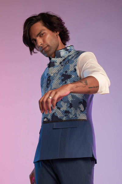 shantanu and nikhil menswear mens Aqua Camo Quilted Waistcoat online shopping melange singapore indian designer wear