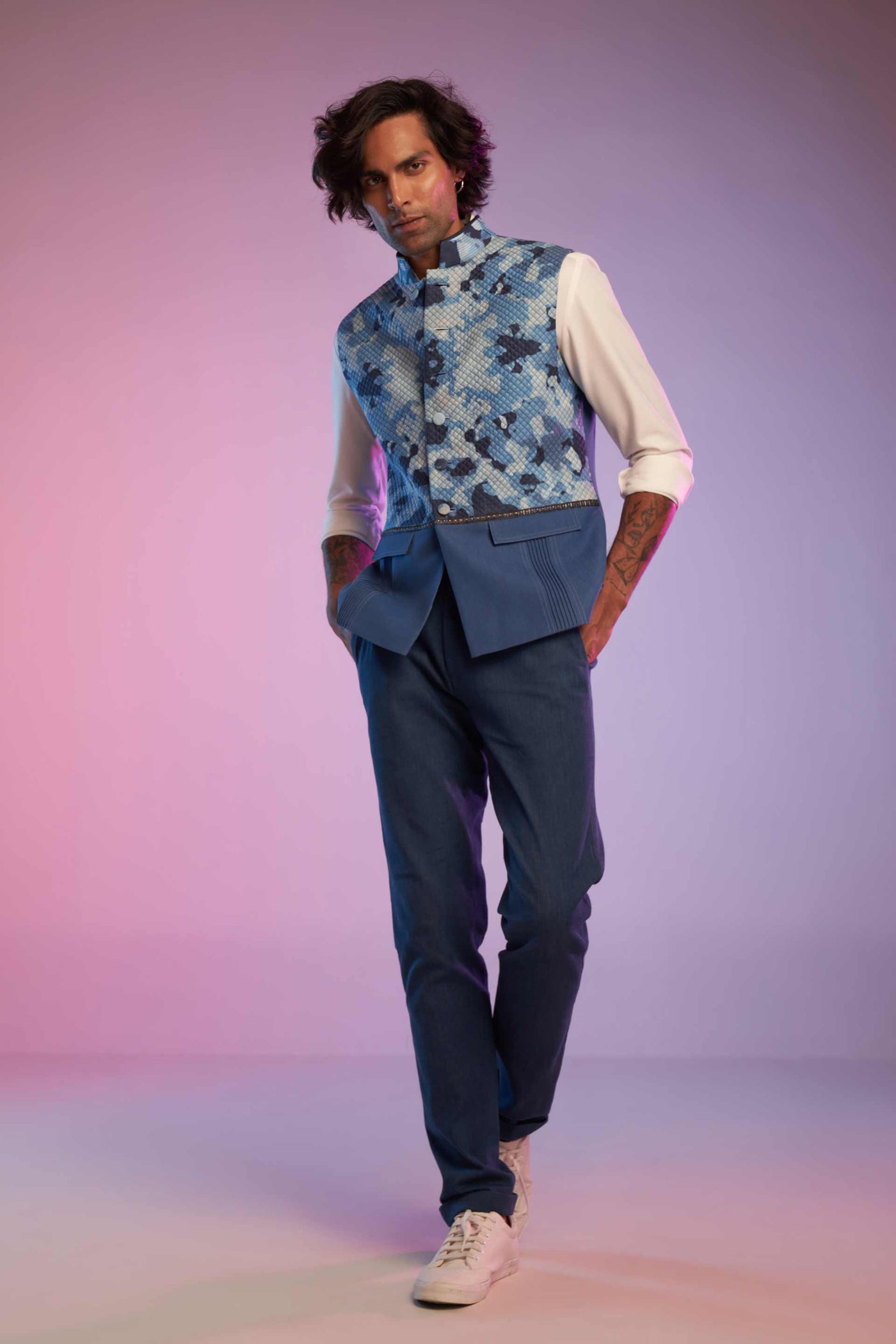 shantanu and nikhil menswear mens Aqua Camo Quilted Waistcoat online shopping melange singapore indian designer wear