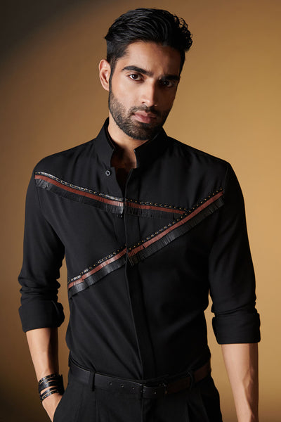 Shantanu and Nikhil Black Shirt with Engraved Fringes indian designer wear online shopping melange singapore