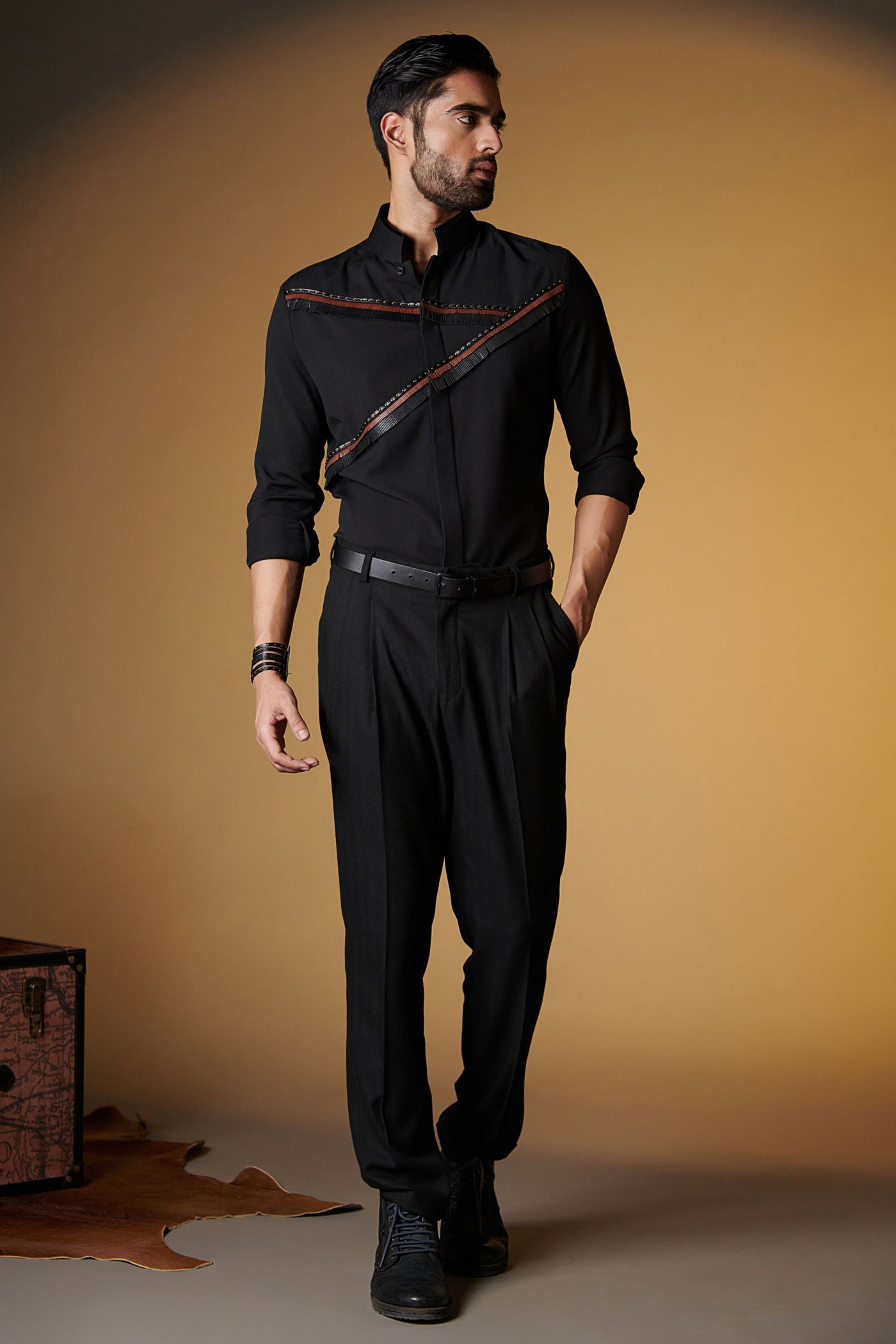 Shantanu and Nikhil Black Shirt with Engraved Fringes indian designer wear online shopping melange singapore