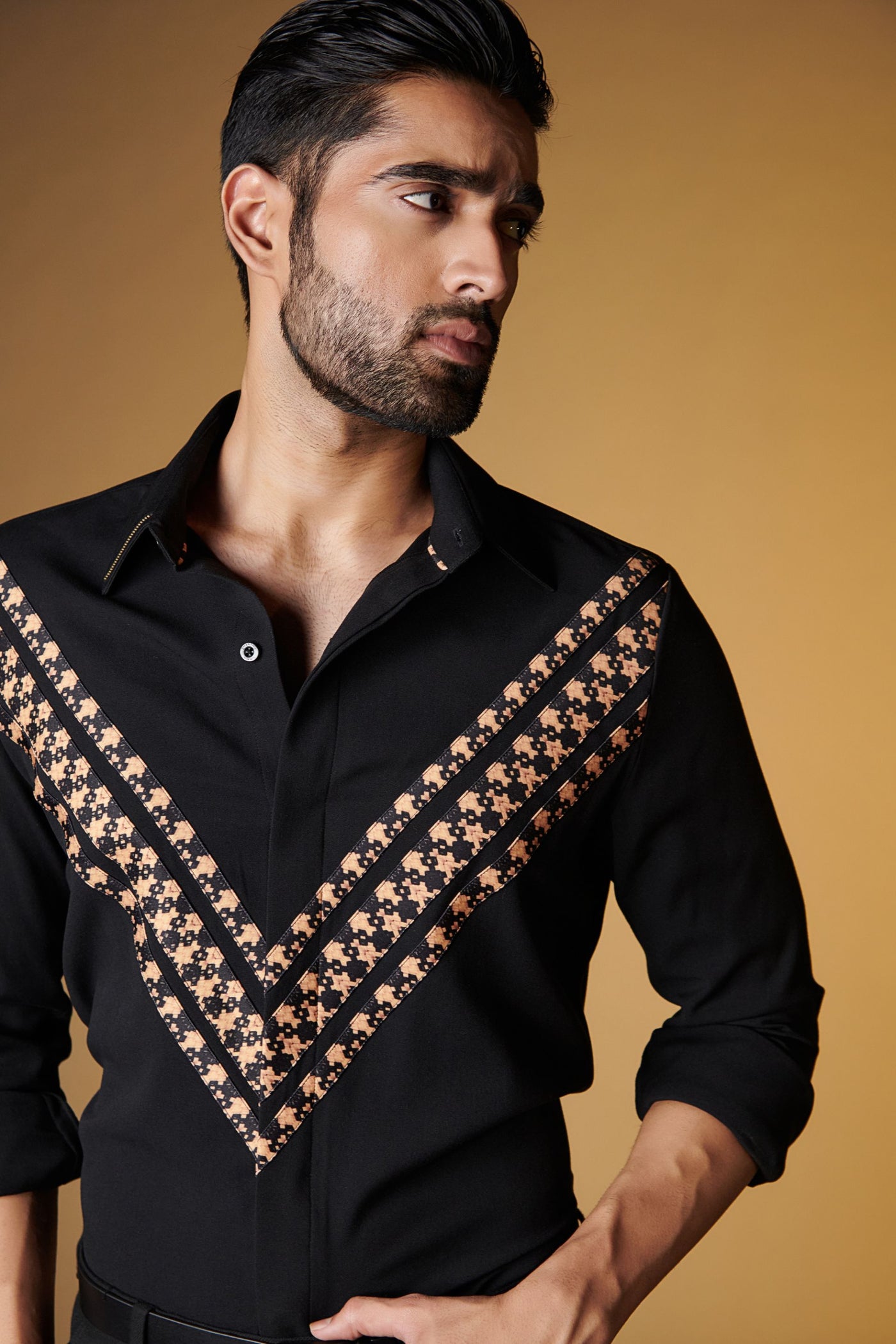 Shantanu and Nikhil Black Shirt with Engraved Panel indian designer wear online shopping melange singapore