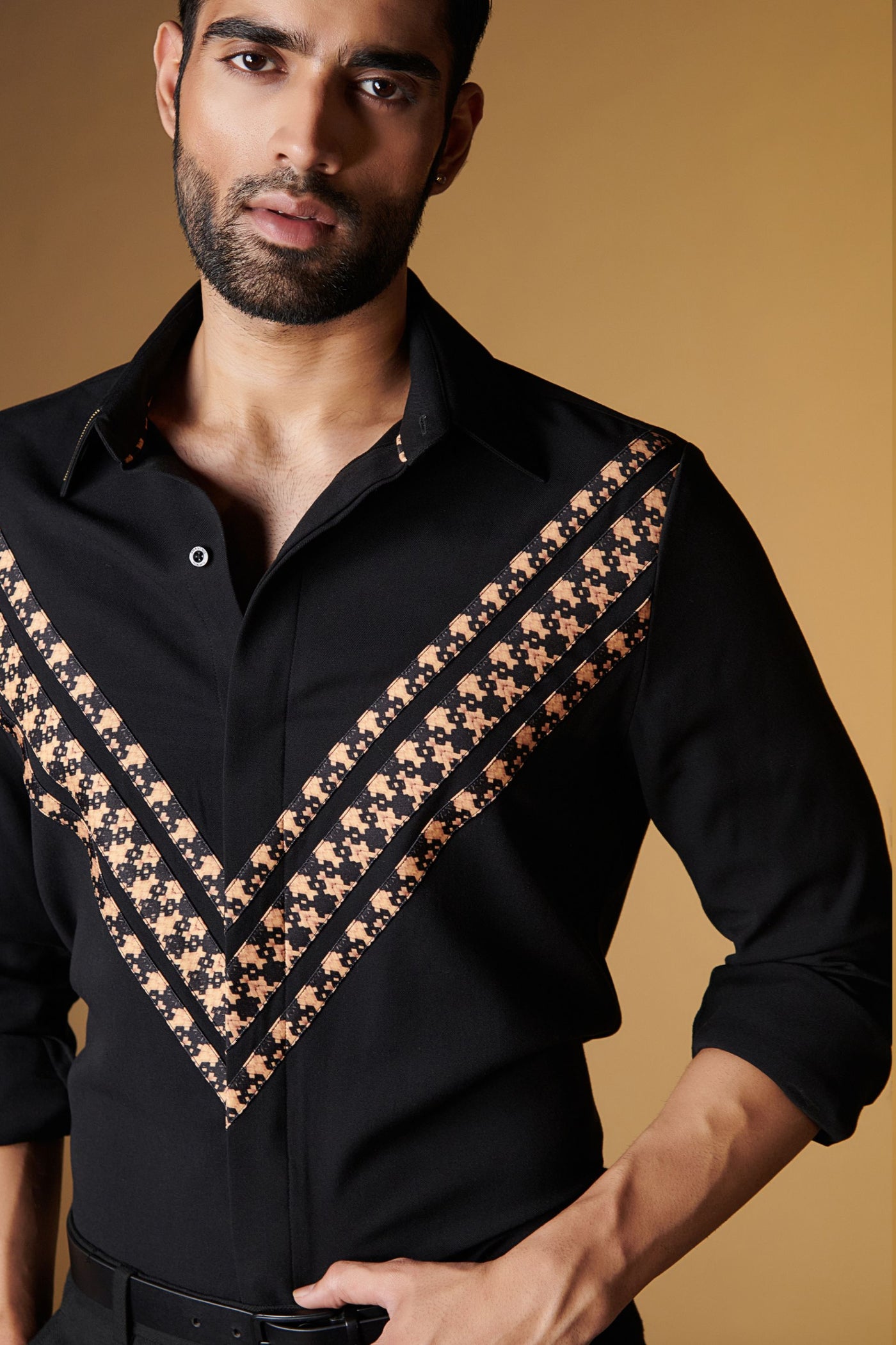 Shantanu and Nikhil Black Shirt with Engraved Panel indian designer wear online shopping melange singapore