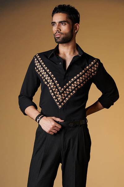 Shantanu and Nikhil Black Shirt with Engraved Panel indian designer wear online shopping melange singapore