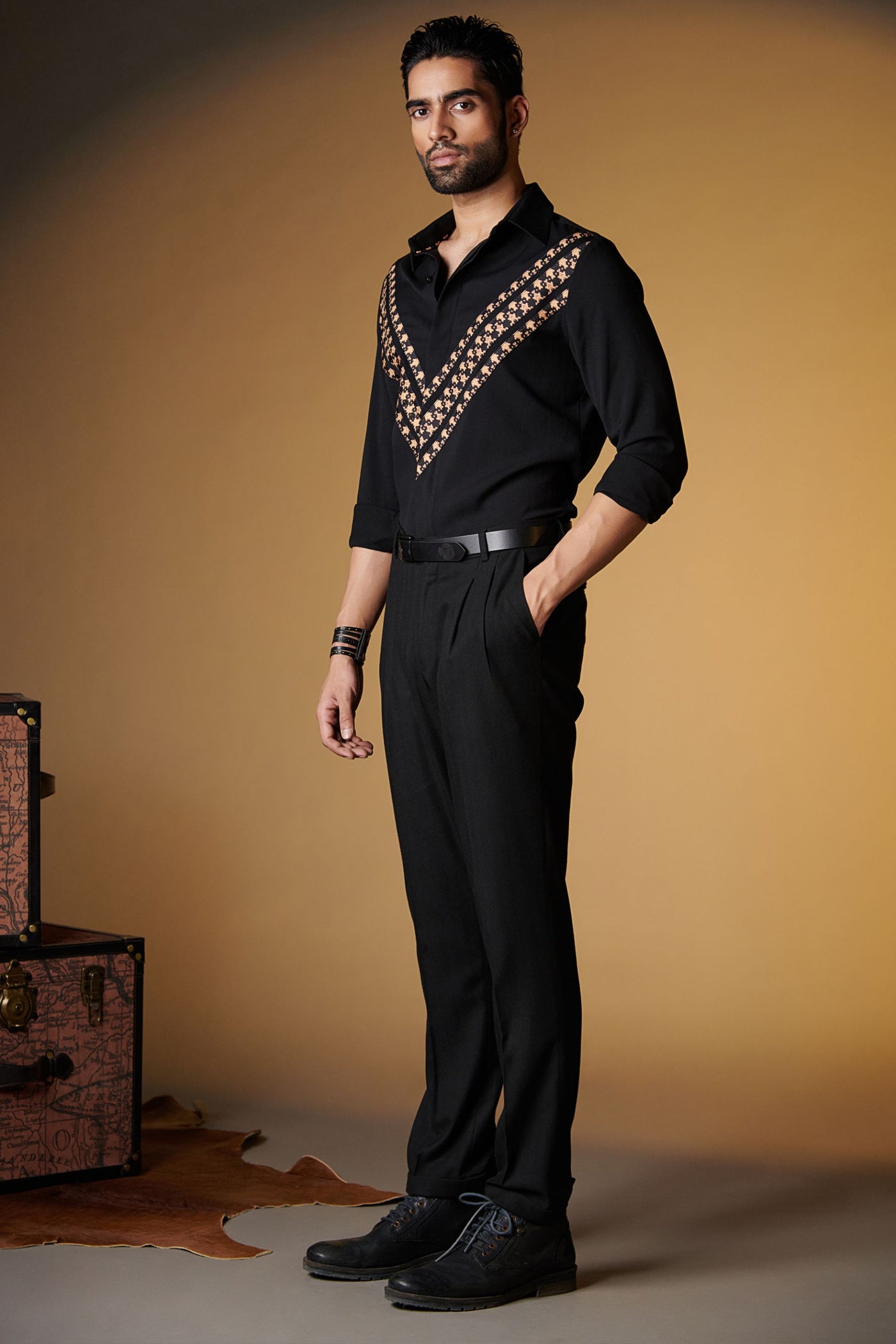 Shantanu and Nikhil Black Shirt with Engraved Panel indian designer wear online shopping melange singapore
