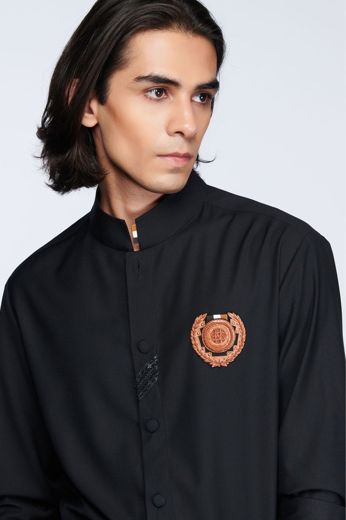 Shantanu and Nikhil Black Shirt with Signature Rust Crest indian designer wear online shopping melange singapore