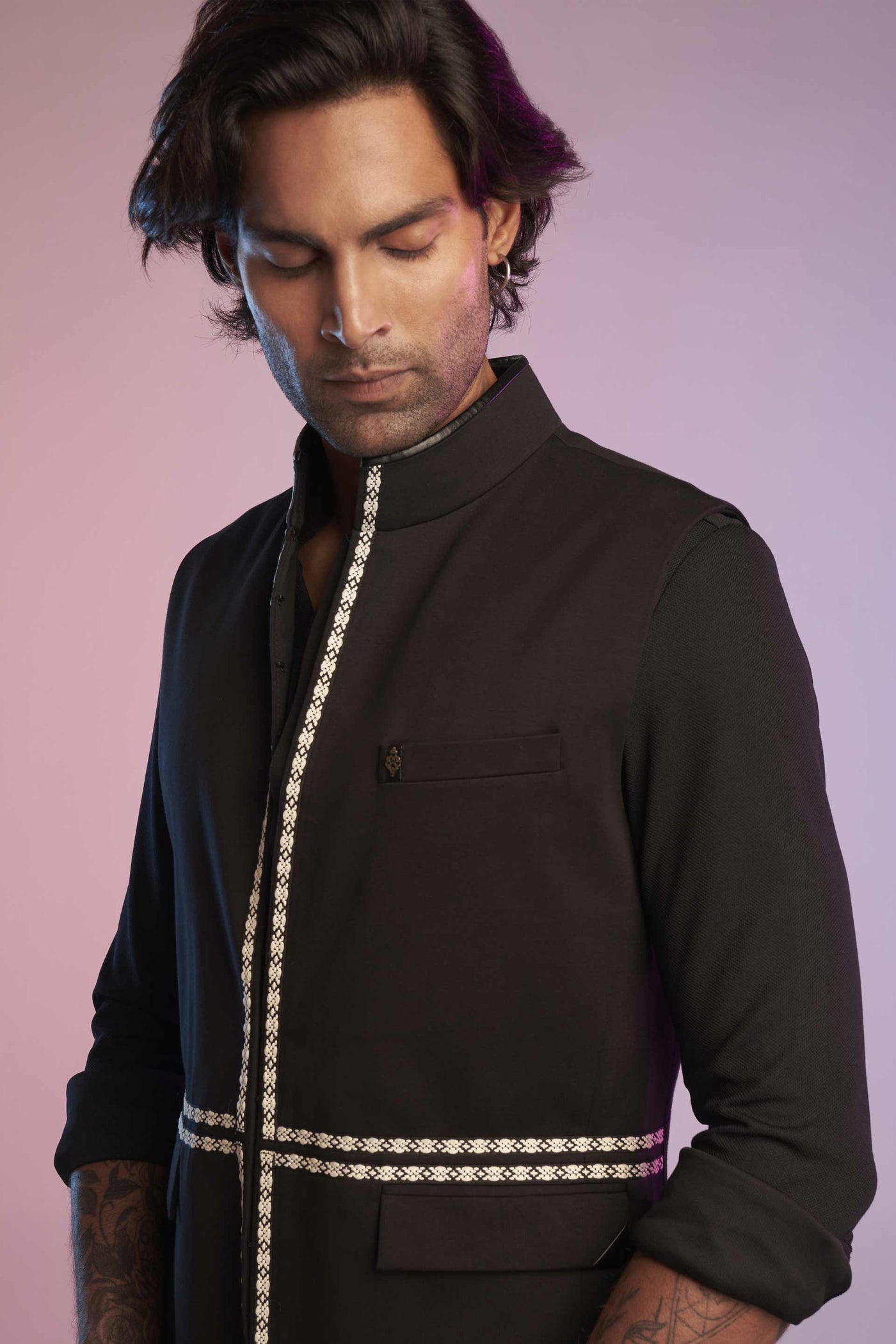 shantanu and nikhil Black Trim-Detail Waistcoat menswear mens online shopping melange singapore indian designer wear