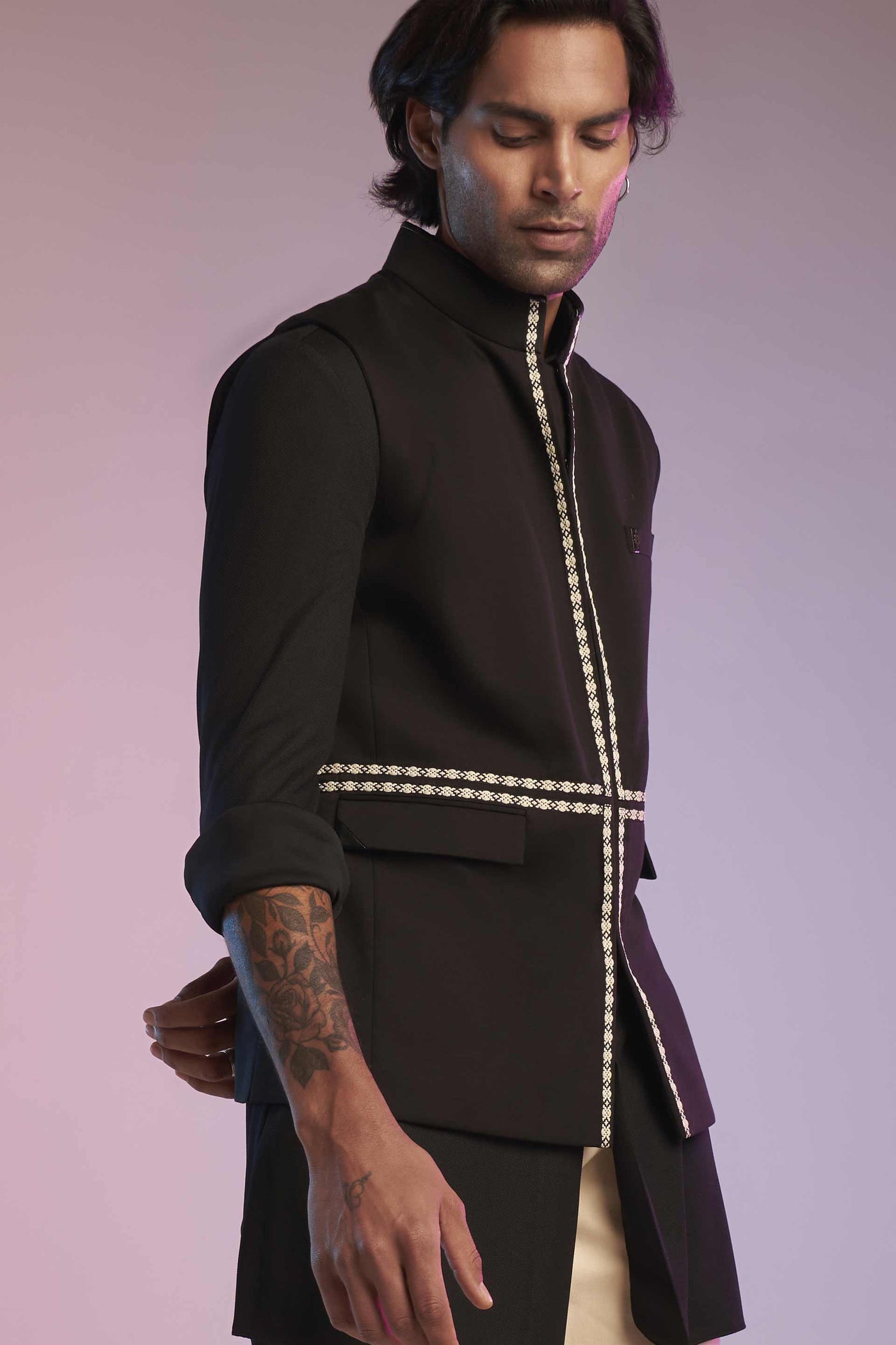 shantanu and nikhil Black Trim-Detail Waistcoat menswear mens online shopping melange singapore indian designer wear