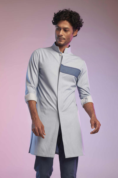 shantanu and nikhil menswear mens Denim Look Kurta With Engraved Panel online shopping melange singapore indian designer wear