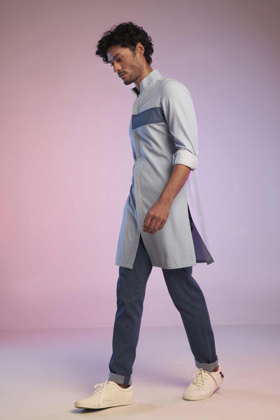 shantanu and nikhil menswear mens Denim Look Kurta With Engraved Panel online shopping melange singapore indian designer wear