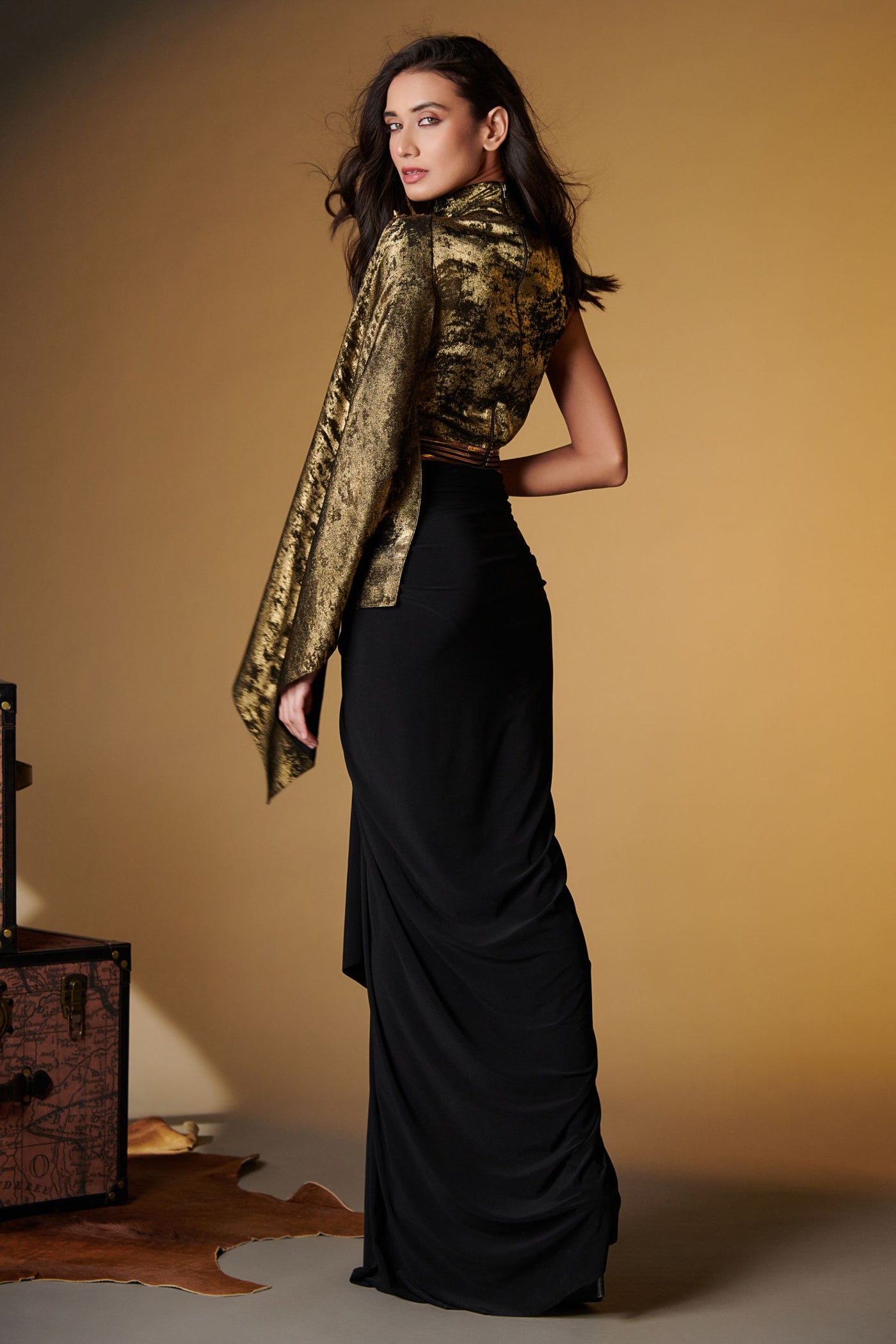 Shantanu and Nikhil Draped Sleeve Gold Foil Crop Top indian designer wear online shopping melange singapore