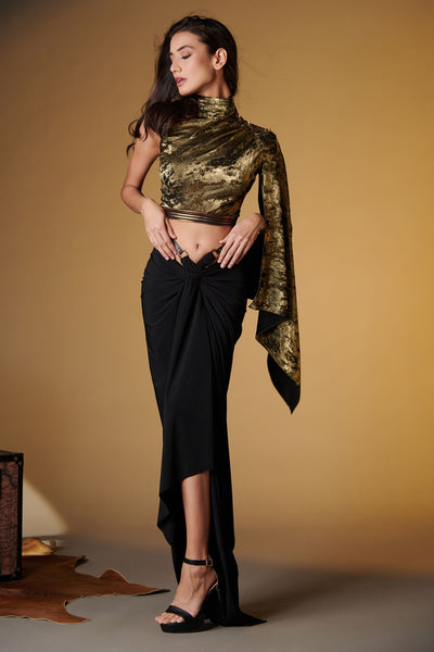 Shantanu and Nikhil Draped Sleeve Gold Foil Crop Top indian designer wear online shopping melange singapore