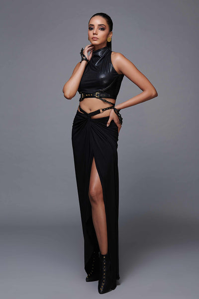 shantanu and nikhil Leather Look In Cut Cropped Top black gold western indian designer wear online shopping melange singapore