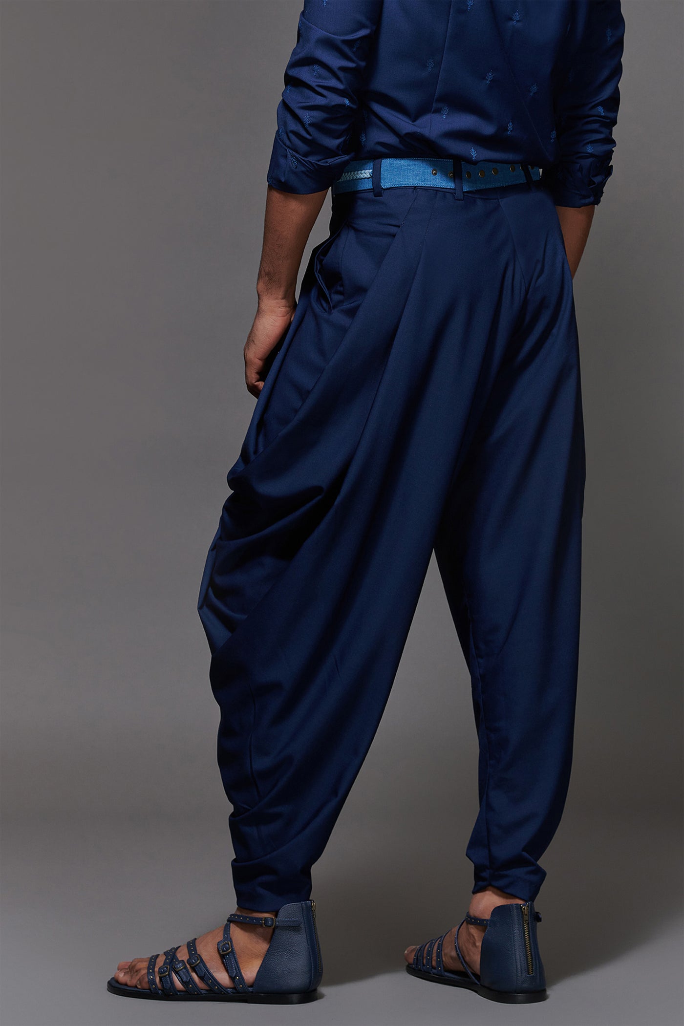 shantanu and nikhil menswear mens Navy Drape Cowl Pants blue online shopping melange singapore indian designer wear