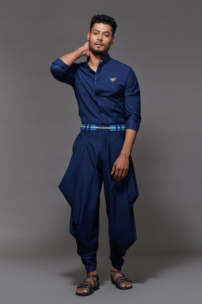 shantanu and nikhil menswear mens Navy Drape Cowl Pants blue online shopping melange singapore indian designer wear