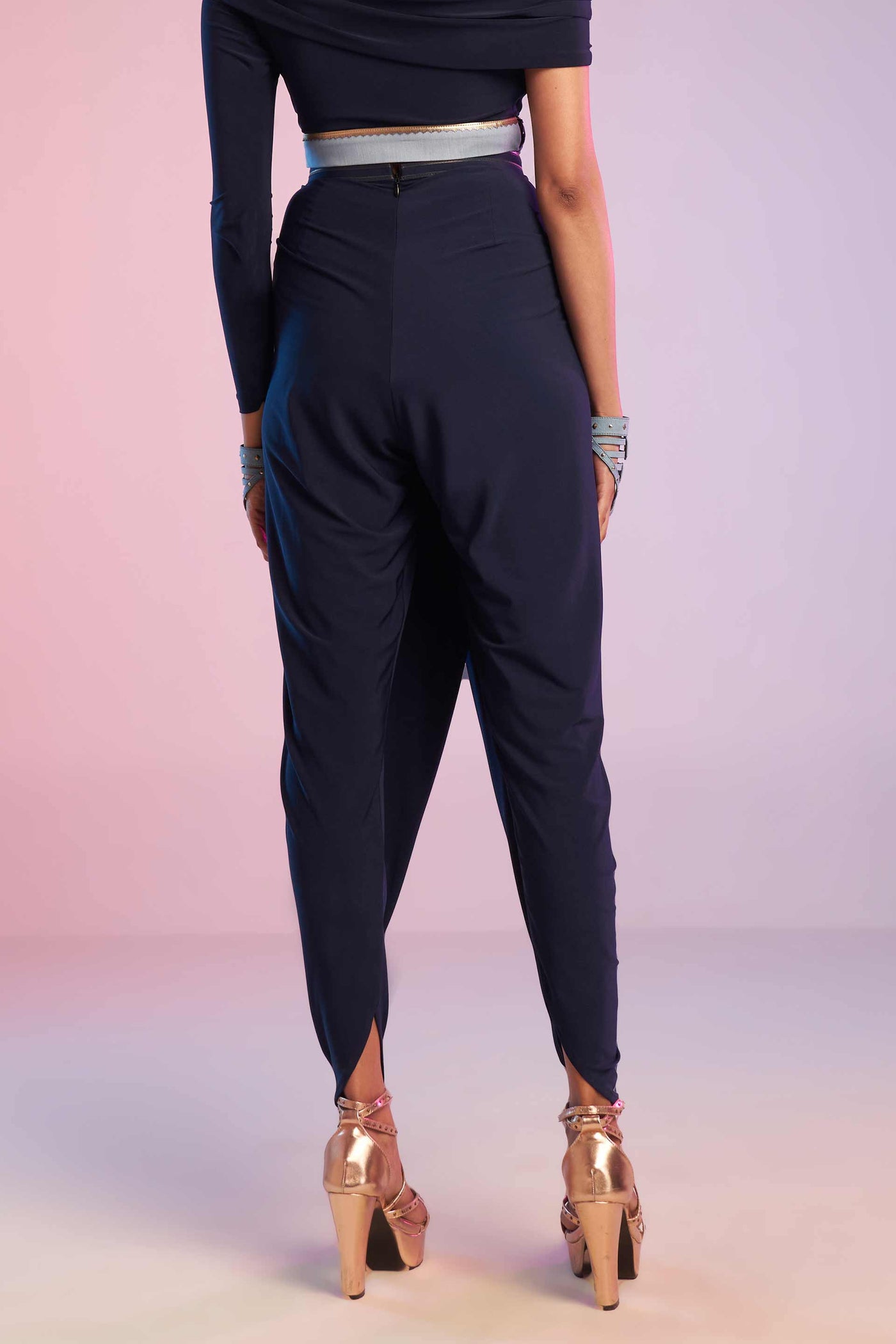 shantanu and nikhil Navy Overlap Drape Pants western indian designer wear online shopping melange singapore