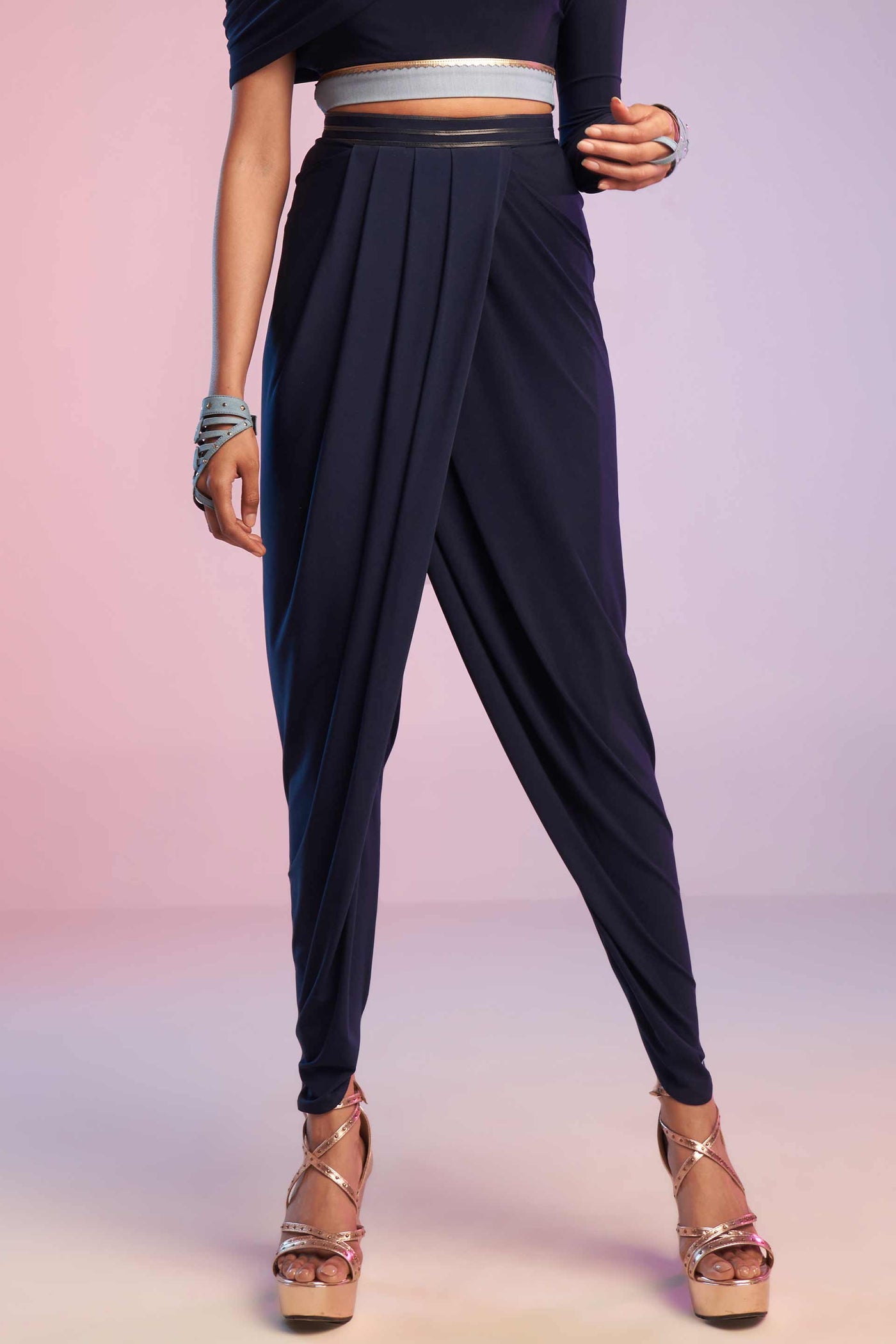 shantanu and nikhil Navy Overlap Drape Pants western indian designer wear online shopping melange singapore