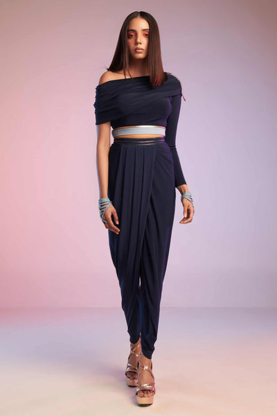 shantanu and nikhil Navy Overlap Drape Pants western indian designer wear online shopping melange singapore