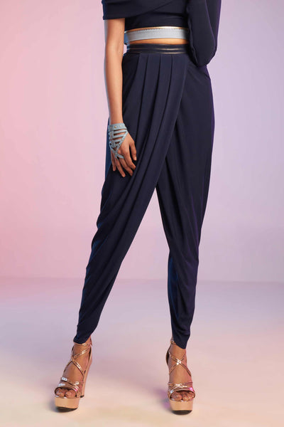 shantanu and nikhil Navy Overlap Drape Pants western indian designer wear online shopping melange singapore