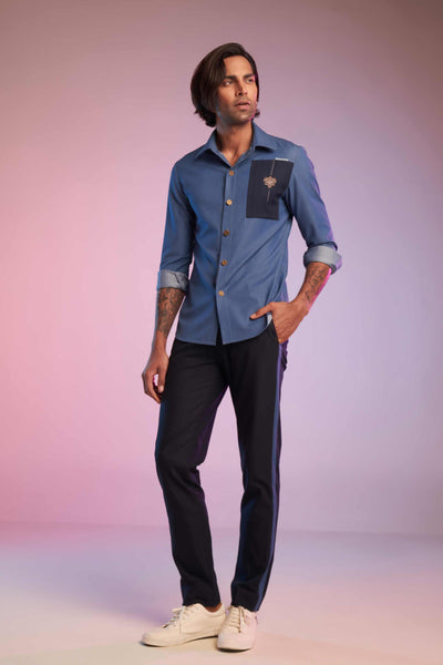 shantanu and nikhil menswear mens Navy Trousers With Denim Look Details online shopping melange singapore indian designer wear