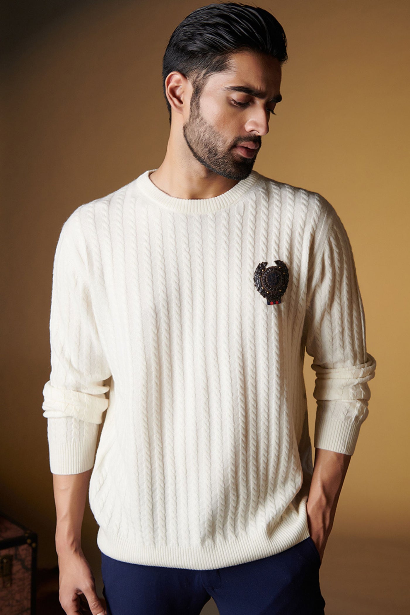 Shantanu and Nikhil SNCC Cable Knit Sweater with Crest indian designer wear online shopping melange singapore