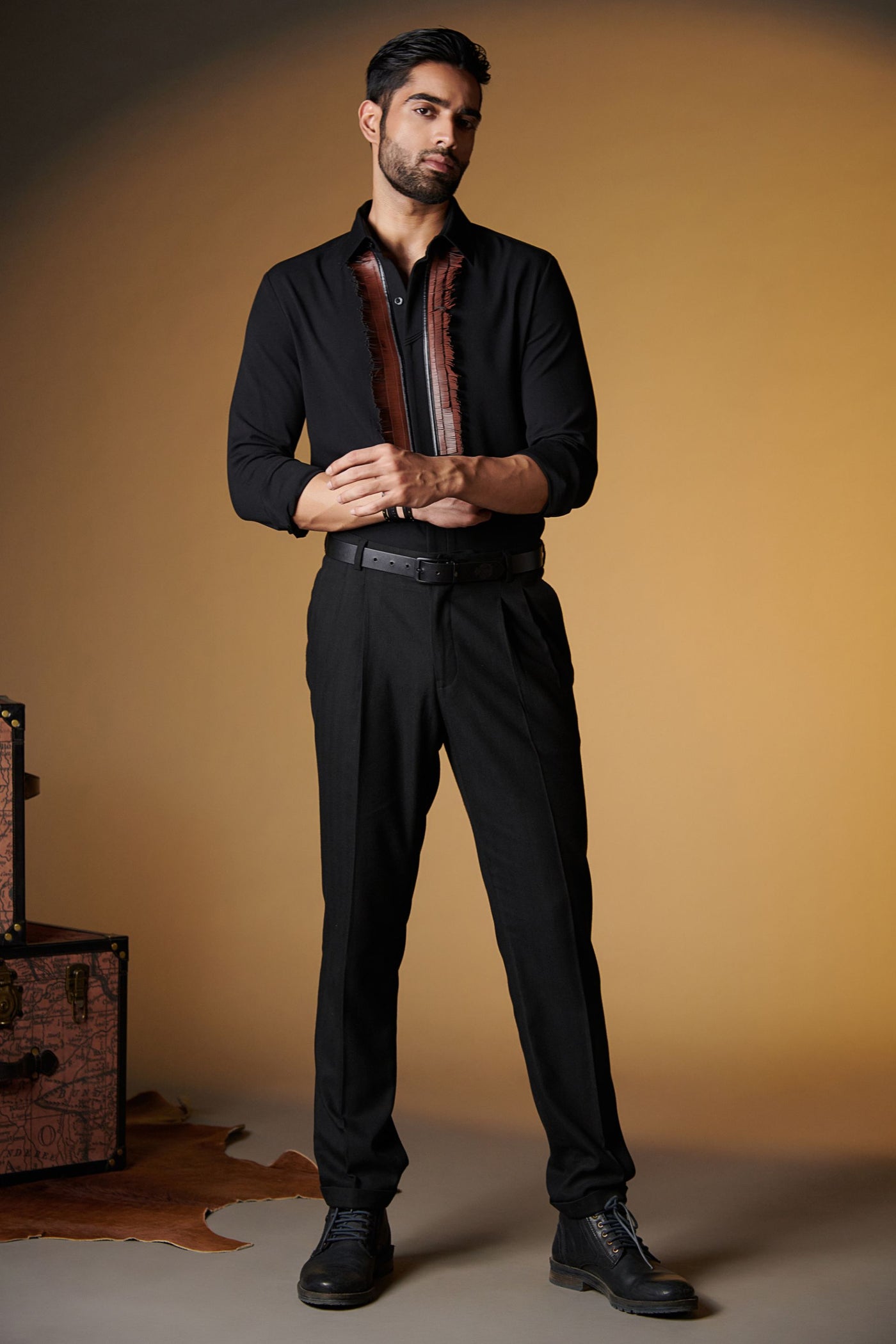 Shantanu and Nikhil Black Shirt with Rust Fringes indian designer wear online shopping melange singapore