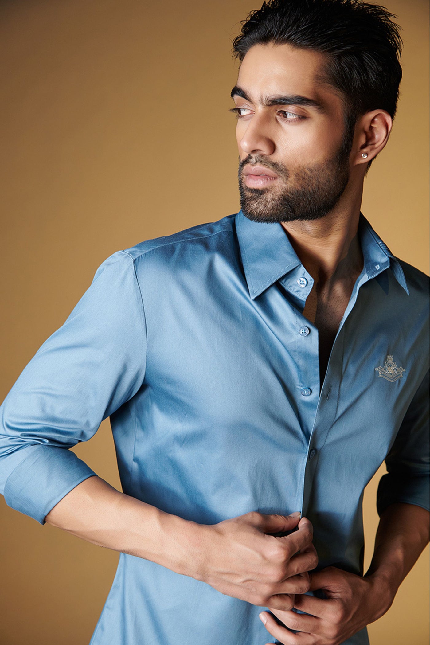 Shantanu and Nikhil Signature Signature Blue Shirt with Embroidered Crest indian designer wear online shopping melange singapore