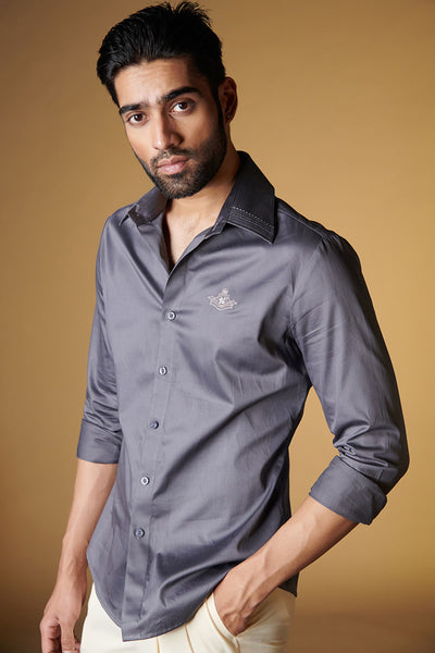 Shantanu and Nikhil Signature Grey Shirt with Embroidered Crest Grey indian designer wear online shopping melange singapore