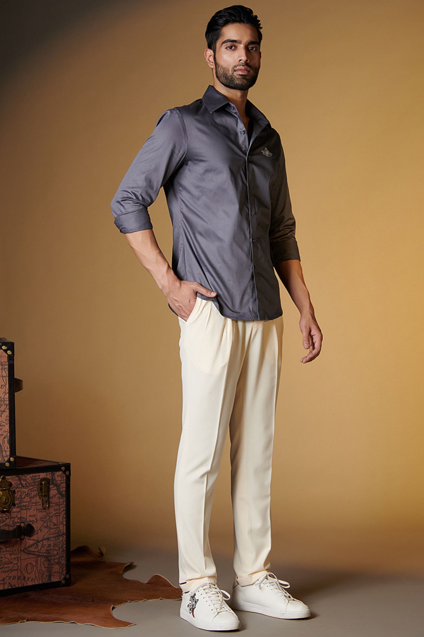 Shantanu and Nikhil Signature Grey Shirt with Embroidered Crest Grey indian designer wear online shopping melange singapore