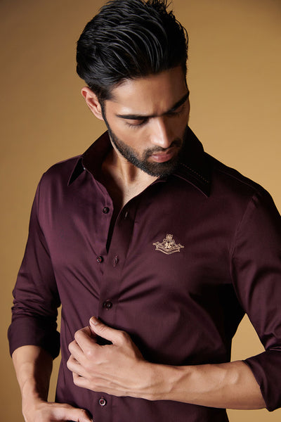 Shantanu and Nikhil Signature Plum Shirt with Embroidered Crest indian designer wear online shopping melange singapore