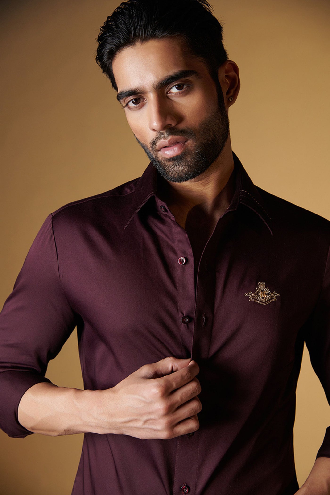 Shantanu and Nikhil Signature Plum Shirt with Embroidered Crest indian designer wear online shopping melange singapore