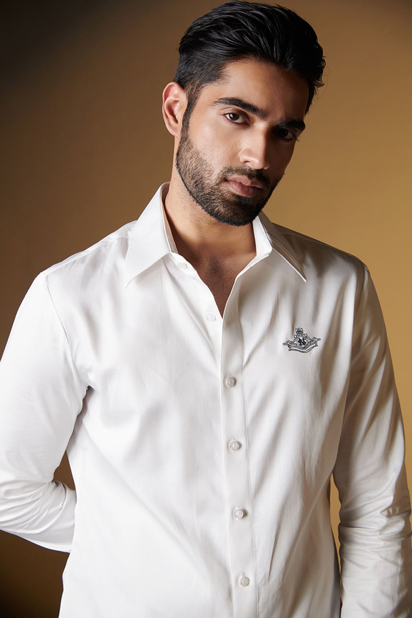 Shantanu and Nikhil Signature Shirt with Embroidered Crest indian designer wear online shopping melange singapore