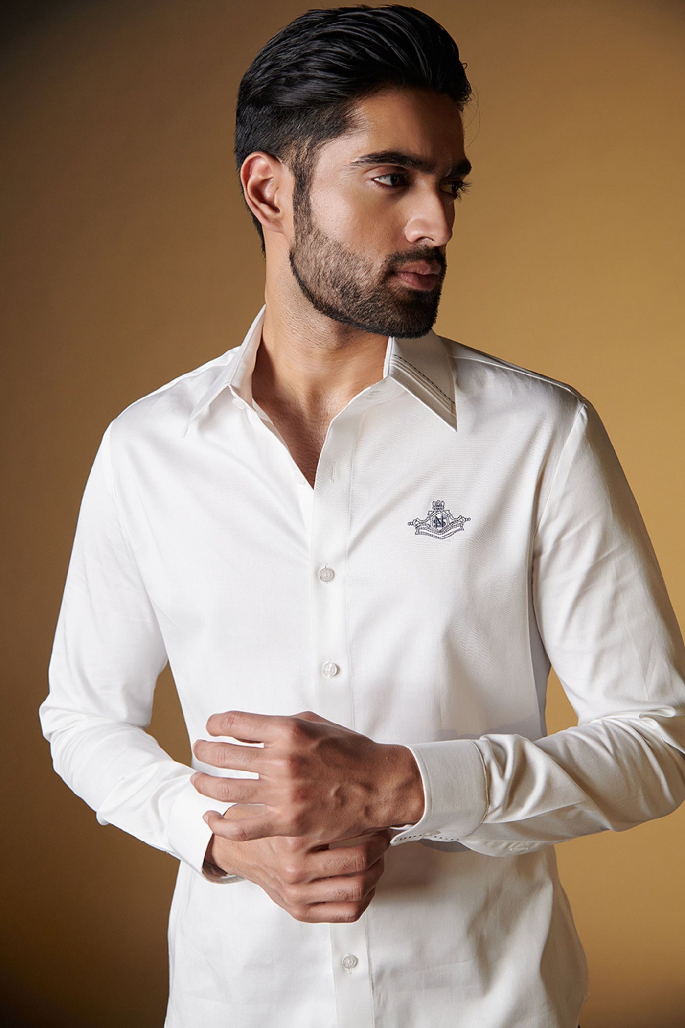 Shantanu and Nikhil Signature Shirt with Embroidered Crest indian designer wear online shopping melange singapore