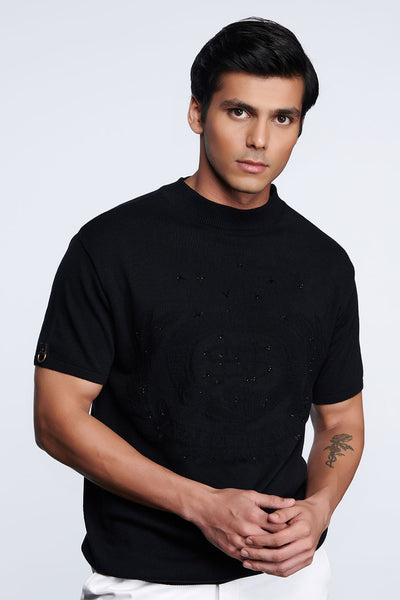 shantanu and nikhil Black Knit Studded T-Shirt menswear online shopping melange singapore indian designer wear