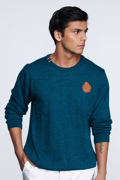 shantanu and nikhil menswear Crested Teal Sweater online shopping melange singapore indian designer wear