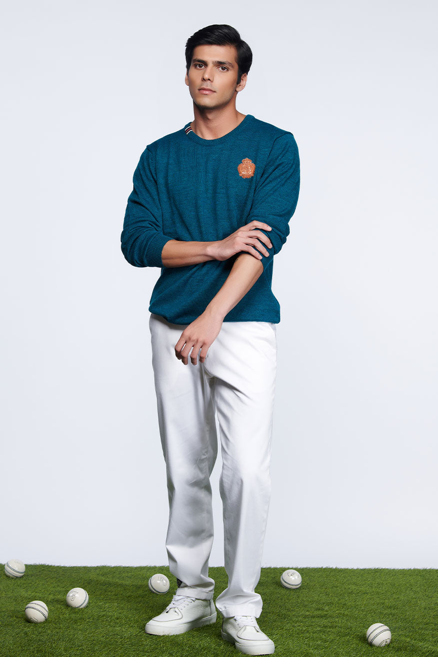 shantanu and nikhil menswear Crested Teal Sweater online shopping melange singapore indian designer wear