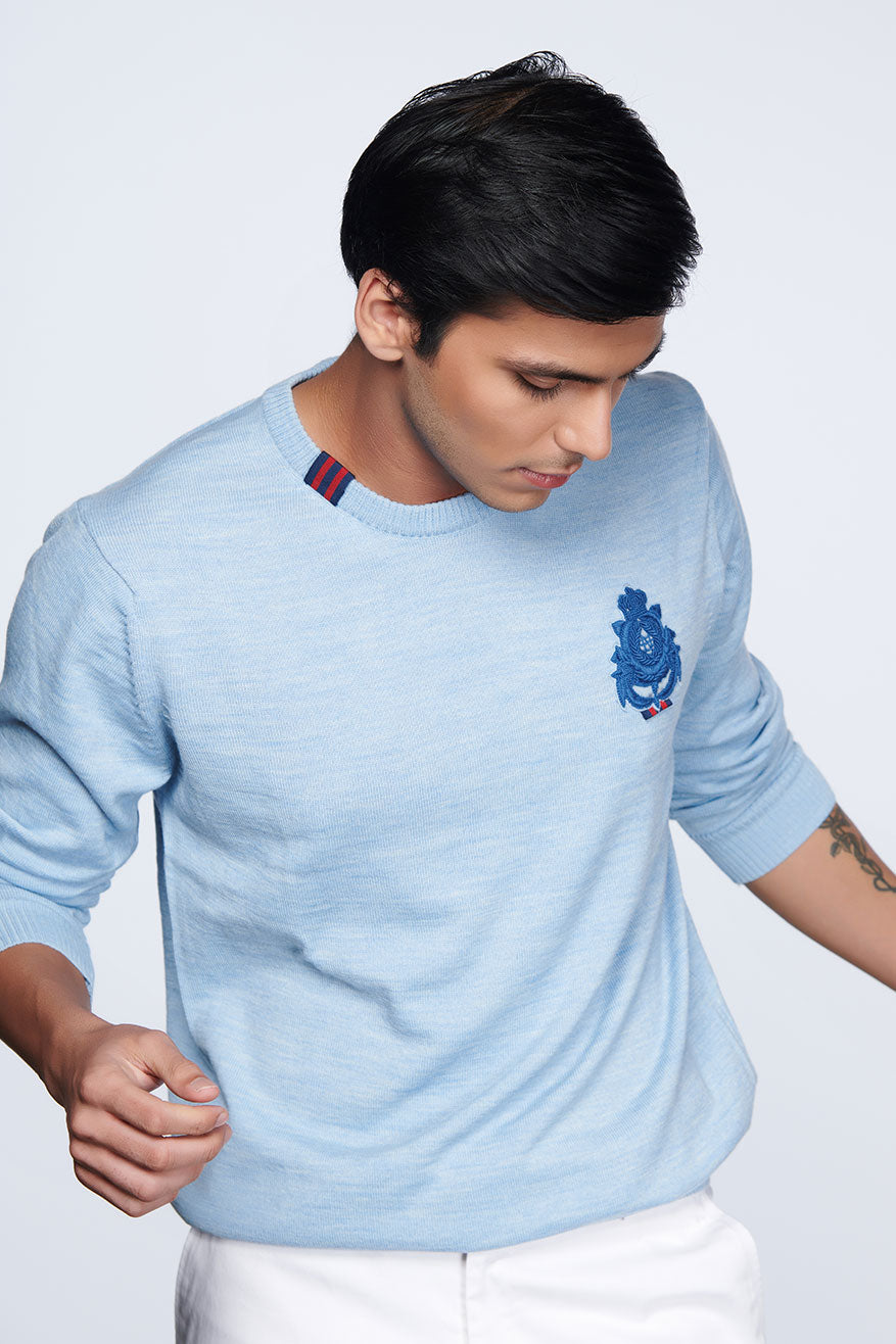 shantanu and nikhil menswear Light Blue Crested Sweater online shopping melange singapore indian designer wear