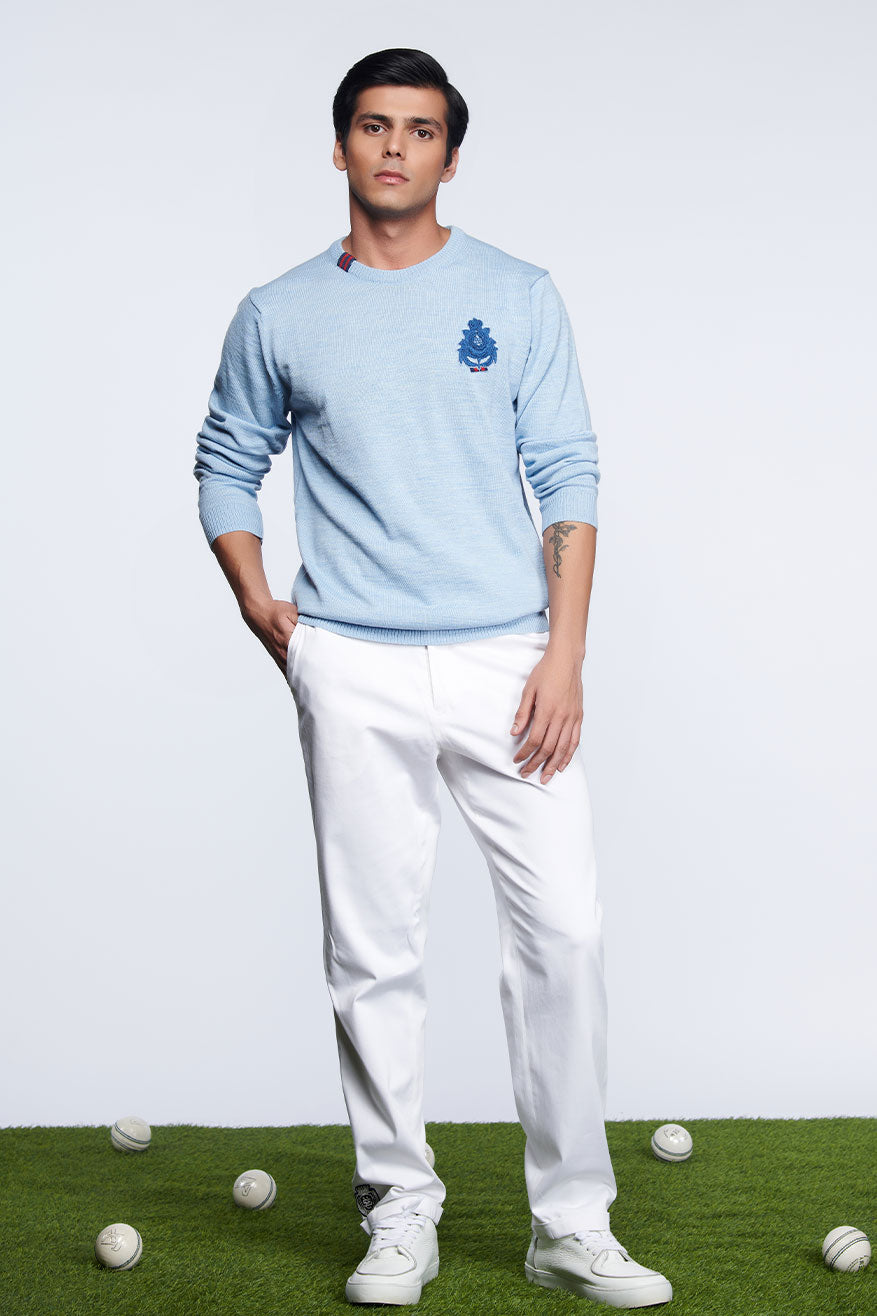 shantanu and nikhil menswear Light Blue Crested Sweater online shopping melange singapore indian designer wear