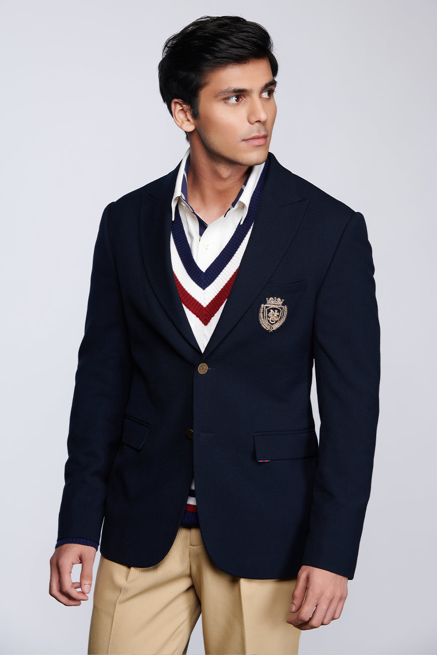Shantanu and nikhil SNCC Crested Gentlemen's Jacket navy blue menswear online shopping melange singapore