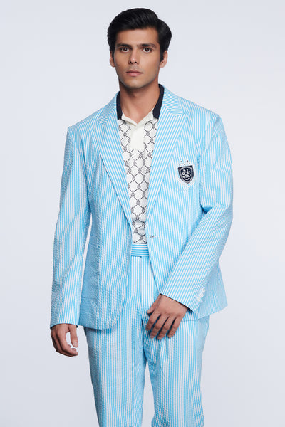 Shantanu and nikhil SNCC Seersucker Jacket light blue menswear online shopping melange singapore indian designer wear