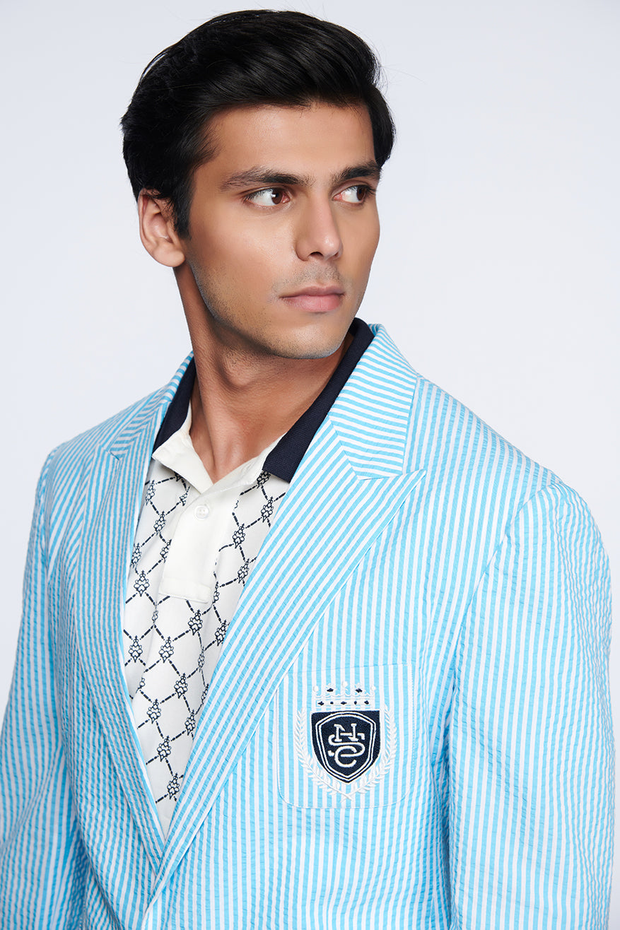 Shantanu and nikhil SNCC Seersucker Jacket light blue menswear online shopping melange singapore indian designer wear