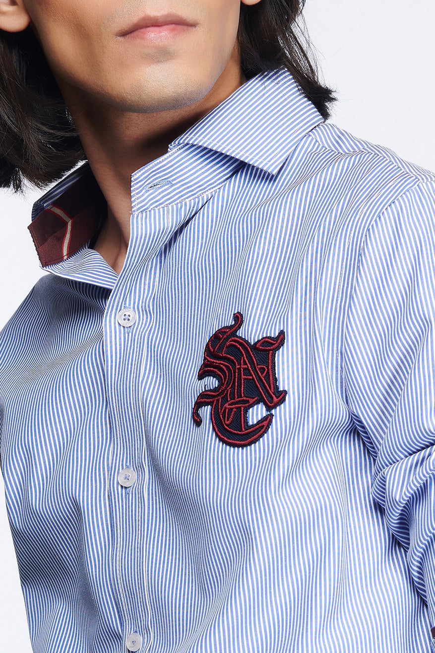 shantanu and nikhil SNCC Striped Logo Shirt light blue menswear online shopping melange singapore indian designer wear