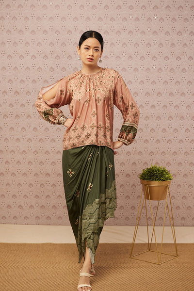 Sougat Paul Bandhej Printed Drape Skirt Set western indian designer womenswear fashion online shopping melange singapore