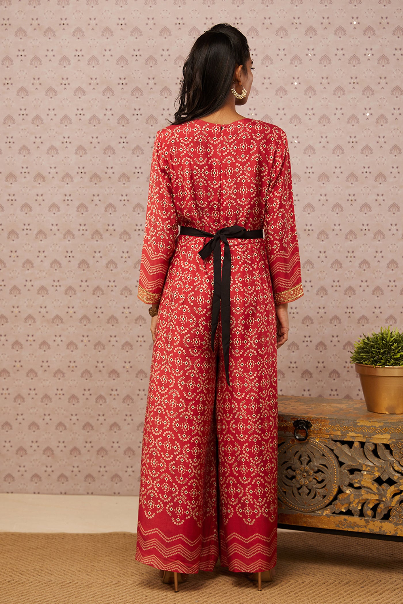 Sougat Paul Bandhej Printed Jumpsuit With Belt western indian designer womenswear fashion online shopping melange singapore