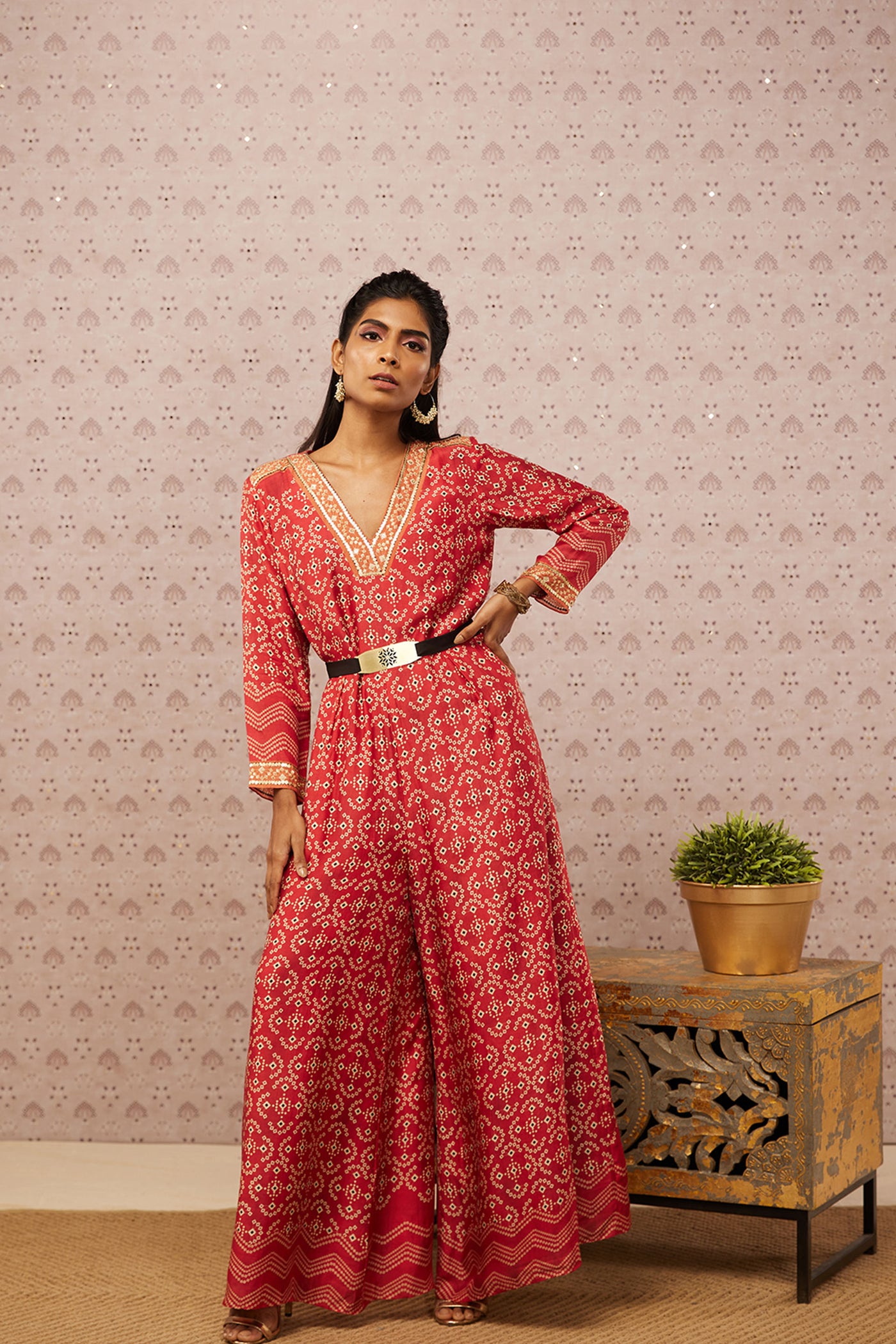 Sougat Paul Bandhej Printed Jumpsuit With Belt western indian designer womenswear fashion online shopping melange singapore